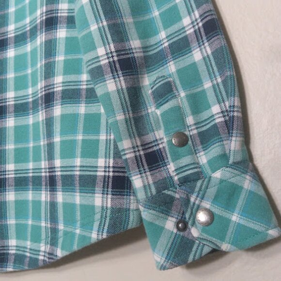 ORVIS | Womens Blue Teal Fleece Lined Plaid Flannel Shacket Snap Button Western - Picture 10 of 13